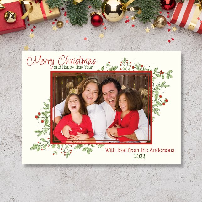 Carte de Noël photo Holly Berries et feuille (Holly Christmas Card with 1 photo)