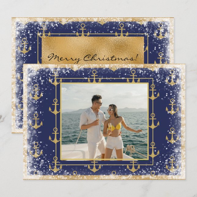 Carte de Noël photo nautique or bleu Xmas (Devant / Derrière)