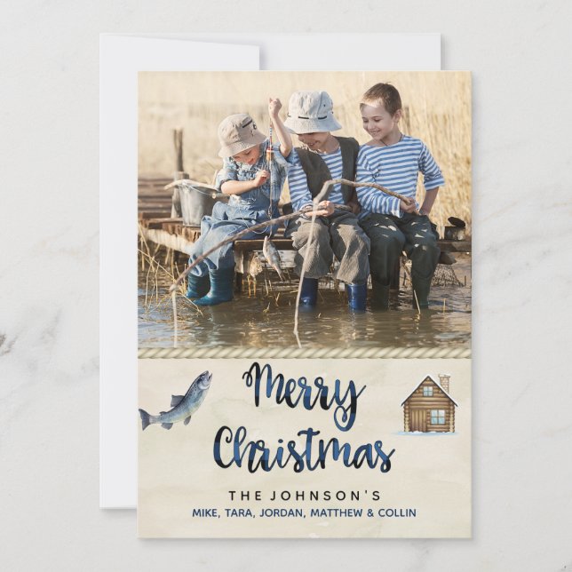 Carte de Noël photo pêche cabane au bord du lac (Devant)