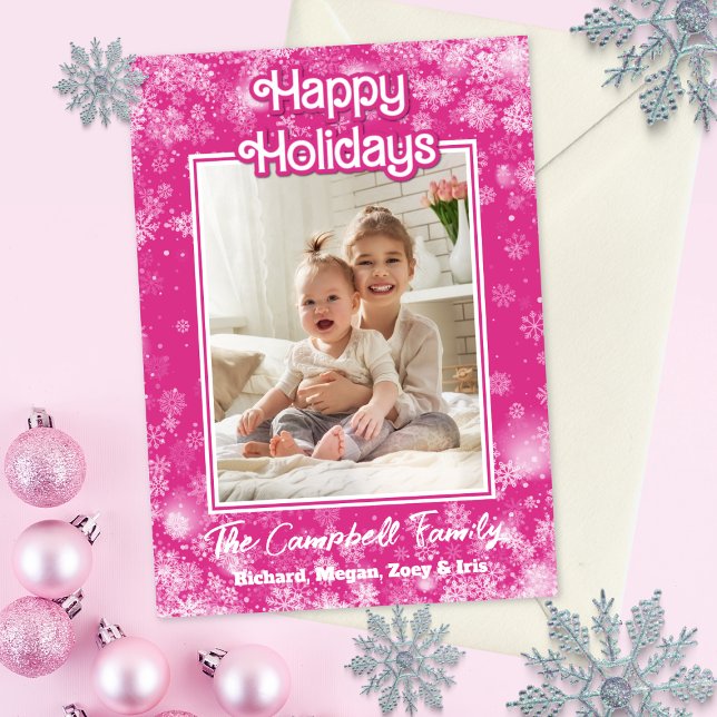 Carte de Noël photo | Rose chaud | Flacons lunaire (Hot pink one photo whimsical snowflake holiday Christmas card)