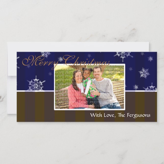 Carte de Noël photo Snowflakes & Stripes (bleu) (Devant)