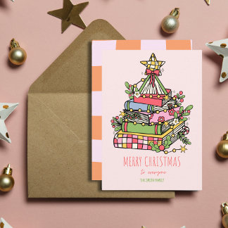 Carte de Noël Pink Whimsical Book Tree