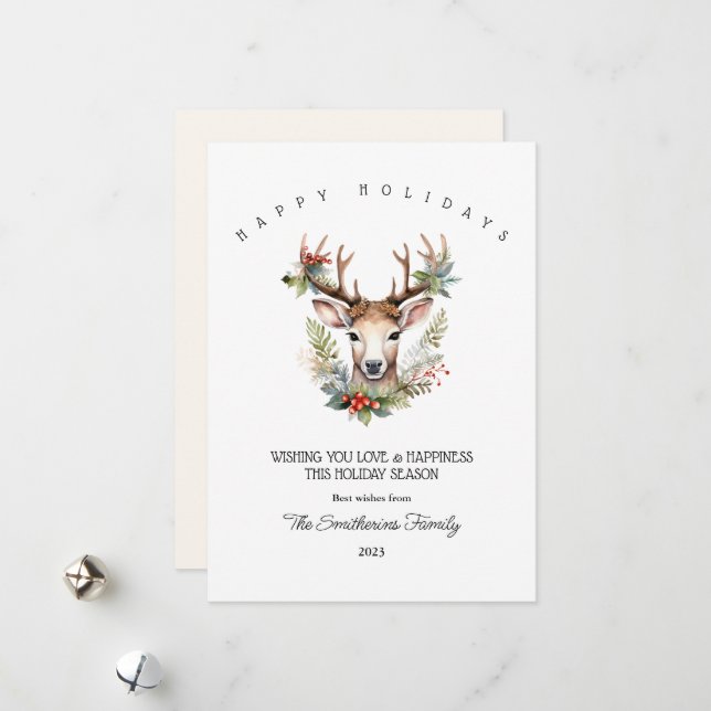 Carte de Noël plate à motif de renne à l'aquarelle (Devant/Arrière en situation)