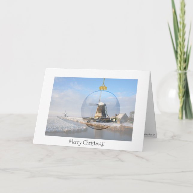 Carte de Noël pliée avec boule de verre et moulin  (Devant)
