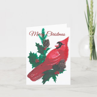 Carte de Noël pliée avec un Cardinal et du Houx