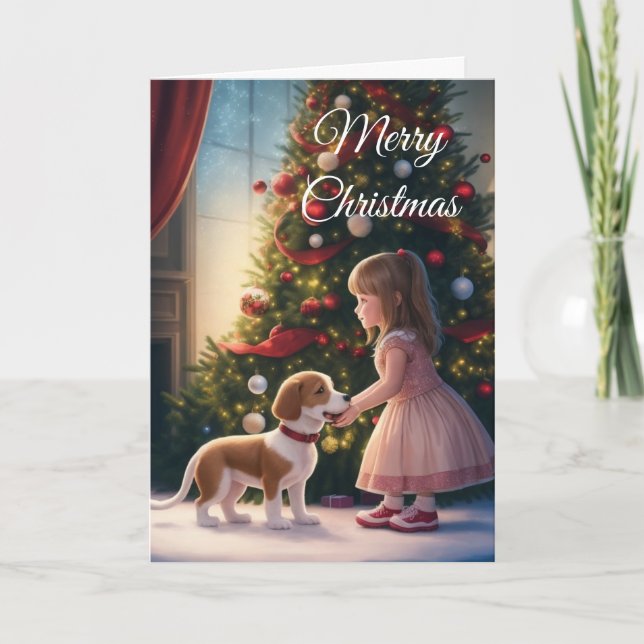 Carte de Noël pour petite fille et chien-amour et  (Devant)