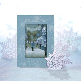 Carte de Noël « Que la neige tombe » bleu feuille 