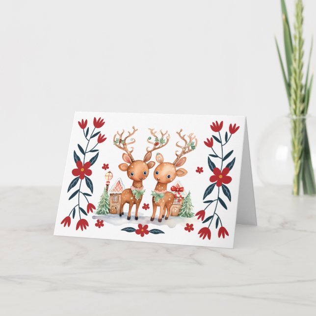 Carte de Noël Reinder et Florales Whimsical (Devant)