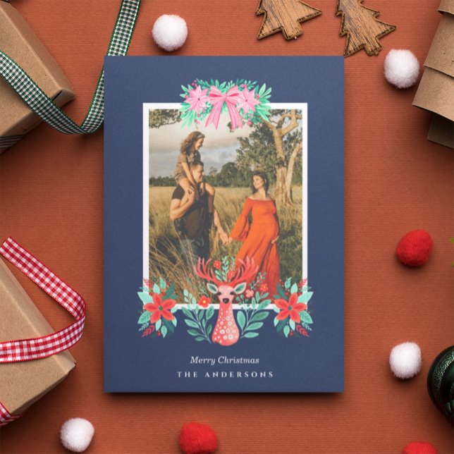 Carte de Noël Renne Floral Bleu (Créateur téléchargé)