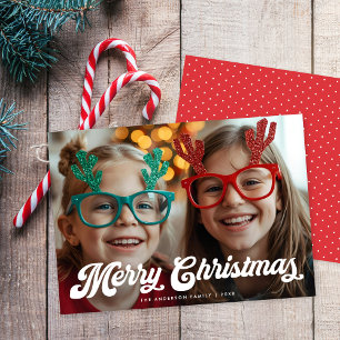 Carte de Noël Rétro Blanc Script Une Photo