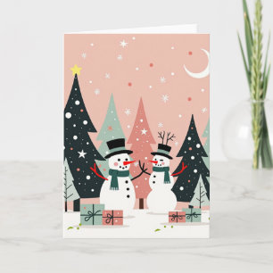 Carte de Noël Rétro Duo Bonhomme de Neige Rose