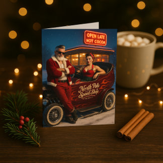 Carte de Noël rétro Hot Rod du Père Noël et de Mme