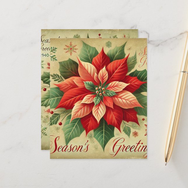 Carte de Noël rétro Poinsettia papier de retouche (Devant/Arrière en situation)