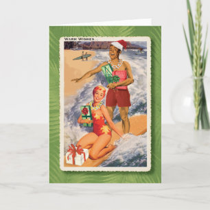 Carte de Noël rétro pour les surfeurs heureux