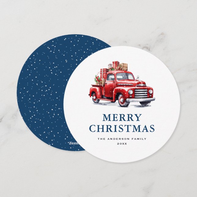 Carte de Noël Retro Red Truck Blue Merry (Devant / Derrière)