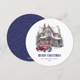 Carte de Noël Retro Red Truck Blue Merry