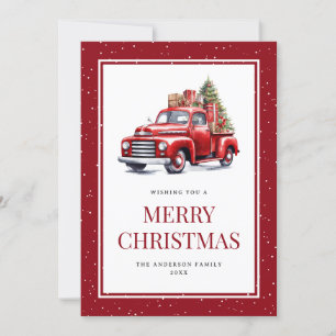 Carte de Noël Retro Red Truck Tree Snowry Joyeux