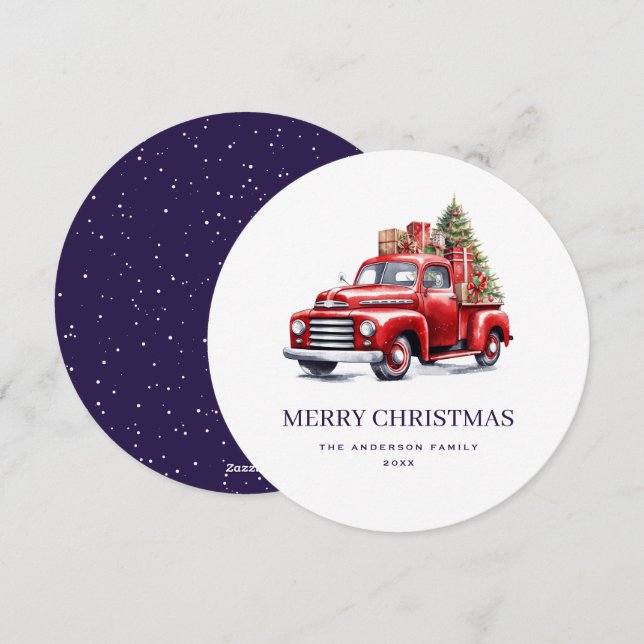 Carte de Noël Retro Red Truck Violet Joyeux (Devant / Derrière)