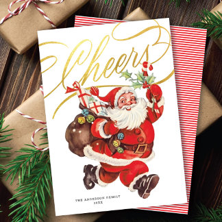 Carte de Noël rétro Santa Gold Script Cheers sans 
