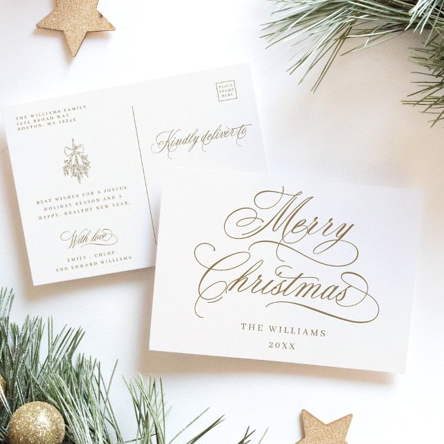 Carte de Noël romantique en or avec texte personna (Front & Back)