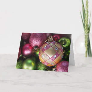 Carte de Noël rose et verte de blanc d'ornement de