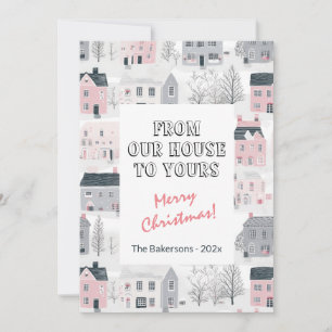 Carte de Noël rose gris blanc Maisons Vintages