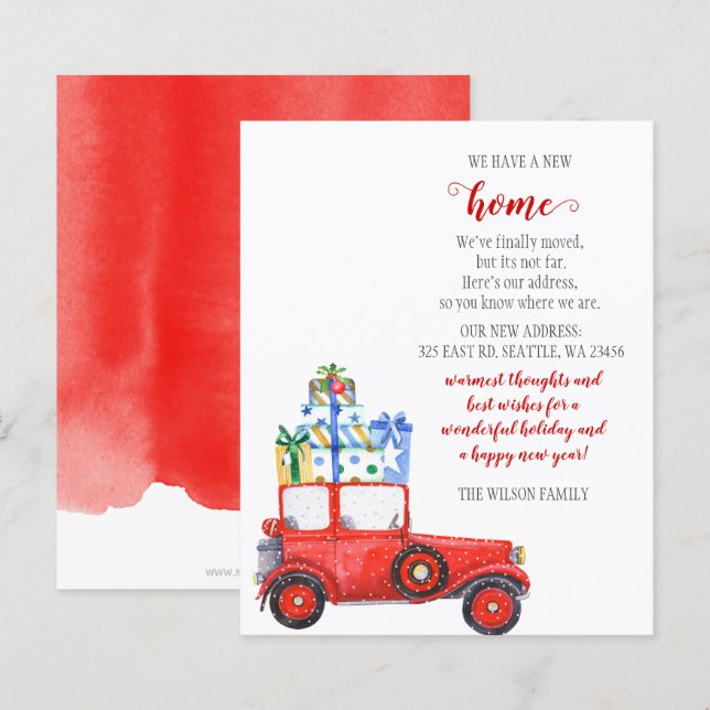 Carte de Noël Rouge Budgetaire Nous Avons Déménagé (Devant / Derrière)