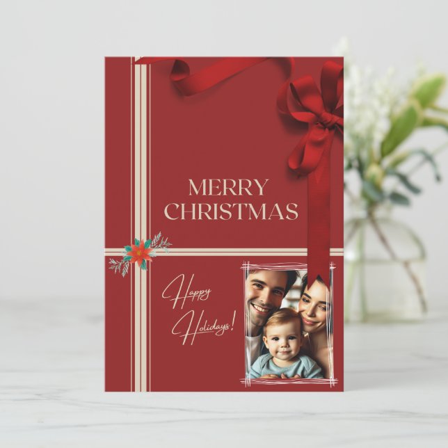 Carte de Noël rouge classique - Photo de famille (Debout devant)