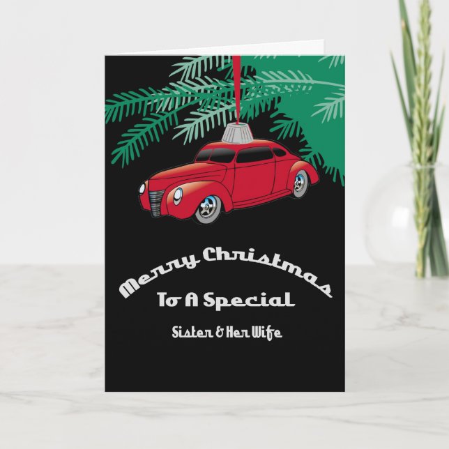 Carte de Noël rouge de Hotrod de soeur et d'épouse (Devant)
