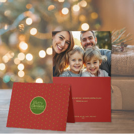 Carte de Noël rouge pliée avec photo "Joyeux Noël"