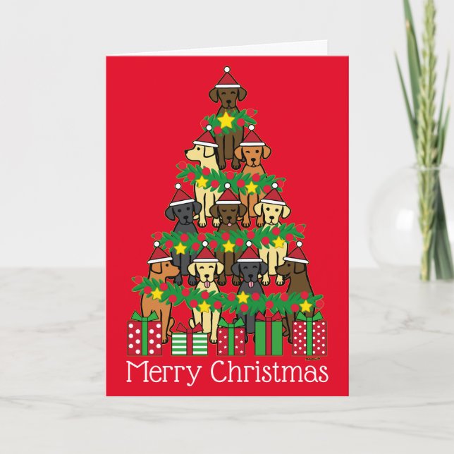 Carte de Noël Rouge Quatre Labradors Arbre de Noël (Devant)