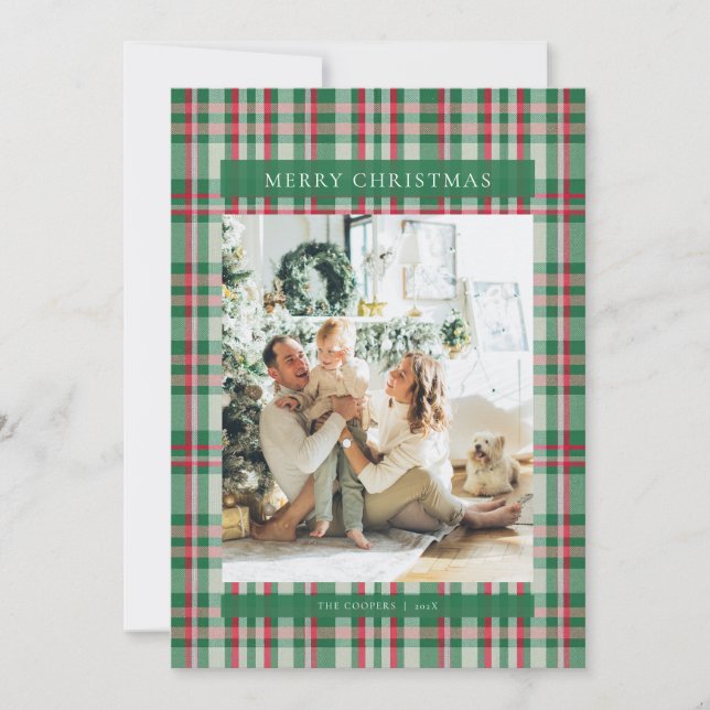 Carte de Noël Rouge Vert Tartan Plaid Photo (Devant)