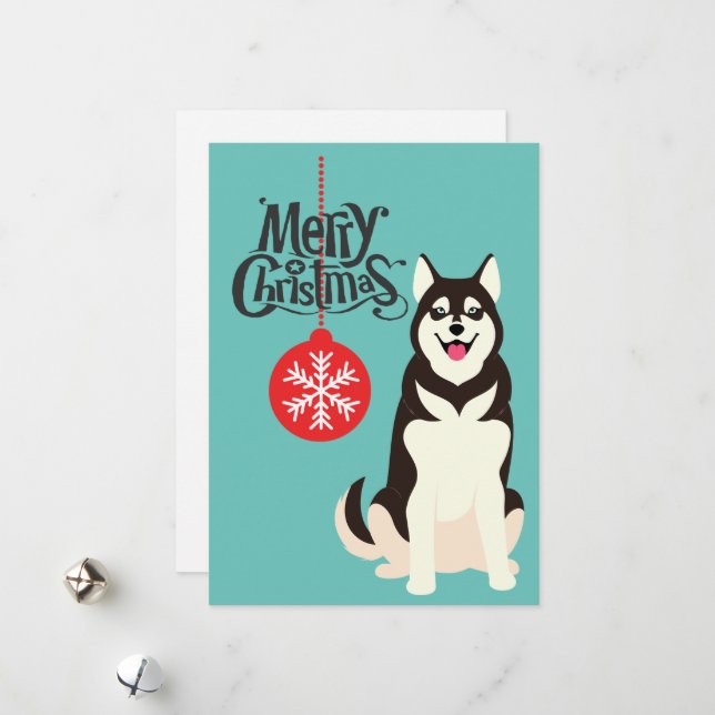 Carte de Noël Sibérienne Husky Retro Aqua (Devant/Arrière en situation)