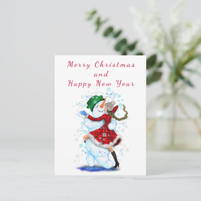 Carte de Noël Snowman and Girl Dance - Amusant (Debout devant)