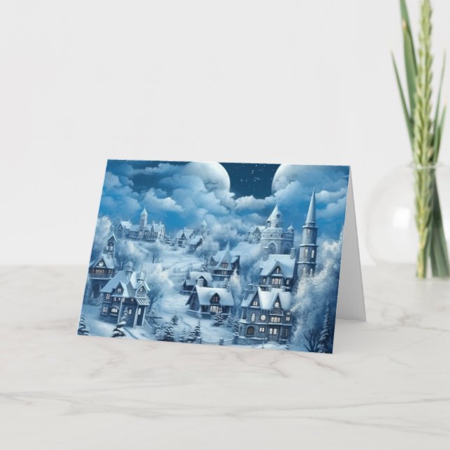 Carte de Noël Snowy Blue Village d'inspiration vin (Devant)