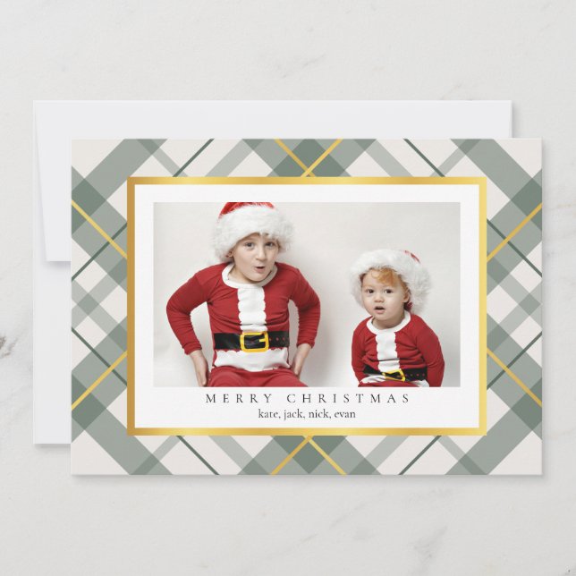 Carte de Noël Soft Green Tartan Plaid Faux Gold (Devant)