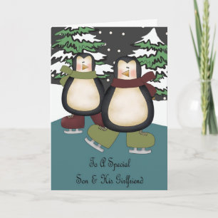 Carte de Noël Son & Girfriend Penguins
