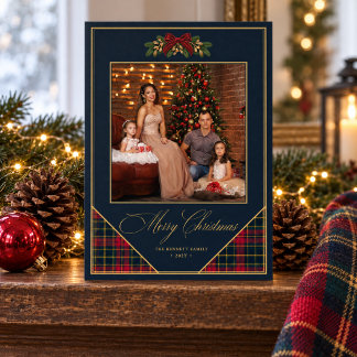 Carte de Noël Tartan Navy avec Nœud Rouge