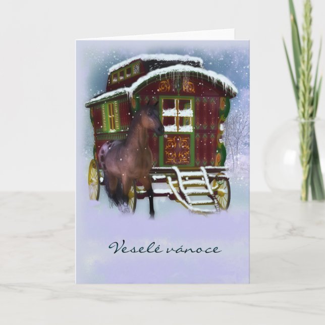 Carte de Noël tchèque - cheval et vieille caravane (Devant)