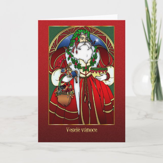 Carte de Noël tchèque - le père noël - rouge et or (Devant)