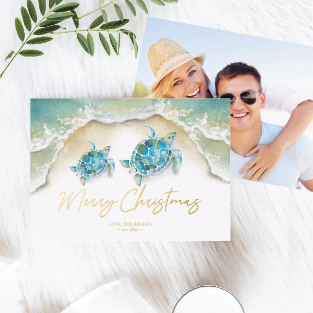 Carte de Noël Tortues de mer (beach Christmas card tropical watercolor sea turtles ocean waves photo )