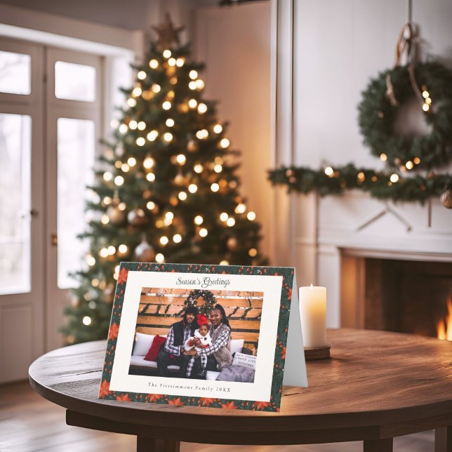 Carte de Noël traditionnelle Red Poinsettia (Poinsettia Season Folded Photo Christmas Card forest green)