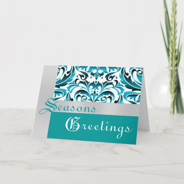 Carte de Noël turquoise et Silver Foil Damask (Devant)