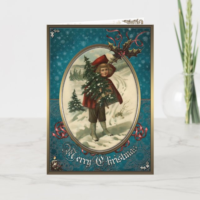 Carte de Noël - Un enfant avec un arbre de Noël. (Devant)
