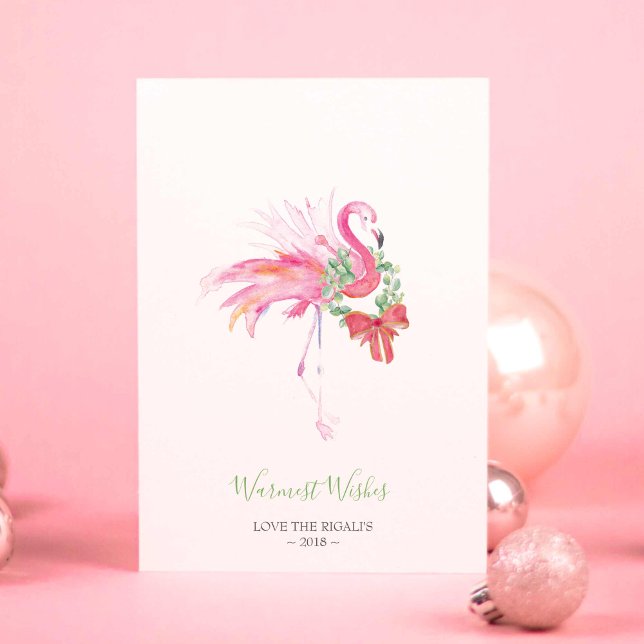 Carte de Noël, Vacances Aquarelle Flamant rose ros (Flamingo Christmas cards designed using unique tropical watercolor art by Victoria Grigaliunas)