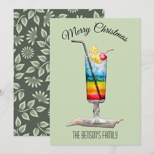 Carte de Noël verte Cocktail (Devant / Derrière)