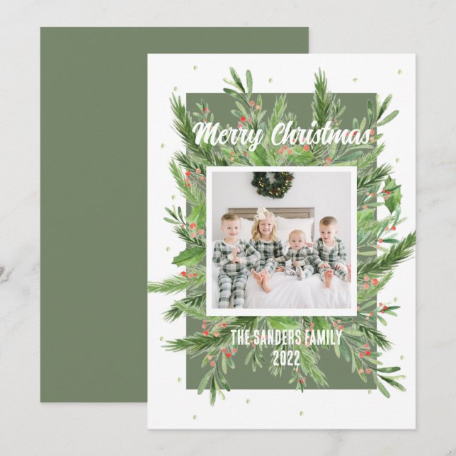 Carte de Noël verte et rouge Holly douce et légère (Devant / Derrière)