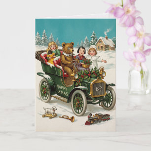 Carte de Noël vintage avec automobile et enfants