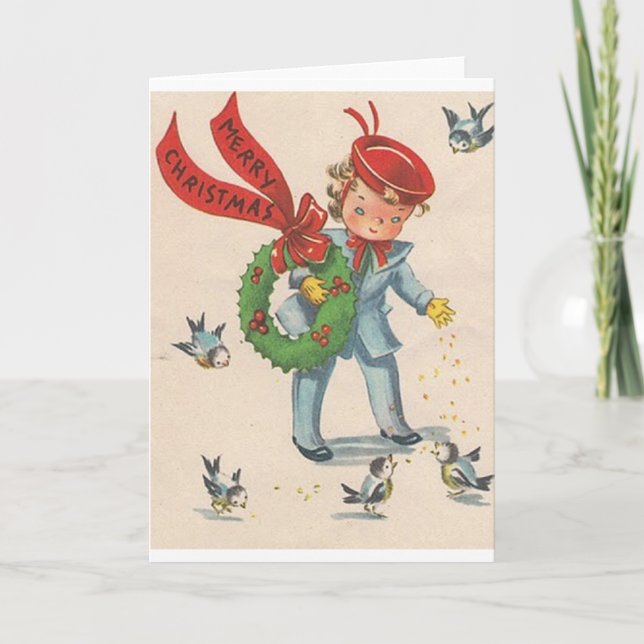Carte de Noël vintage d'alimentation d'oiseaux (Devant)