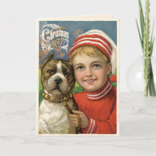 Carte de Noël vintage de chien de garçon et de